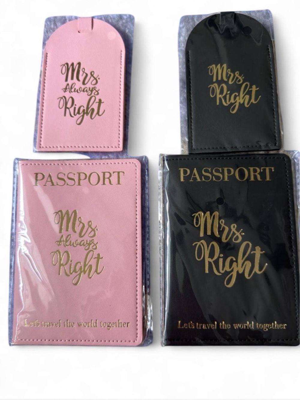 Mrs. Right & Mrs. Always Right Passport Cover & Luggage Tag Set — Pink & Black